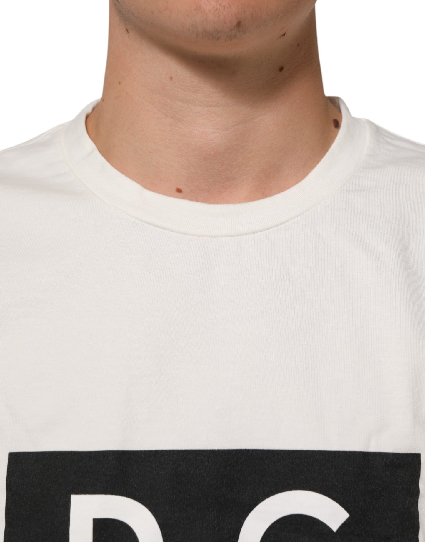 Dolce & Gabbana White Cotton Logo Print Men Crewneck T-shirt