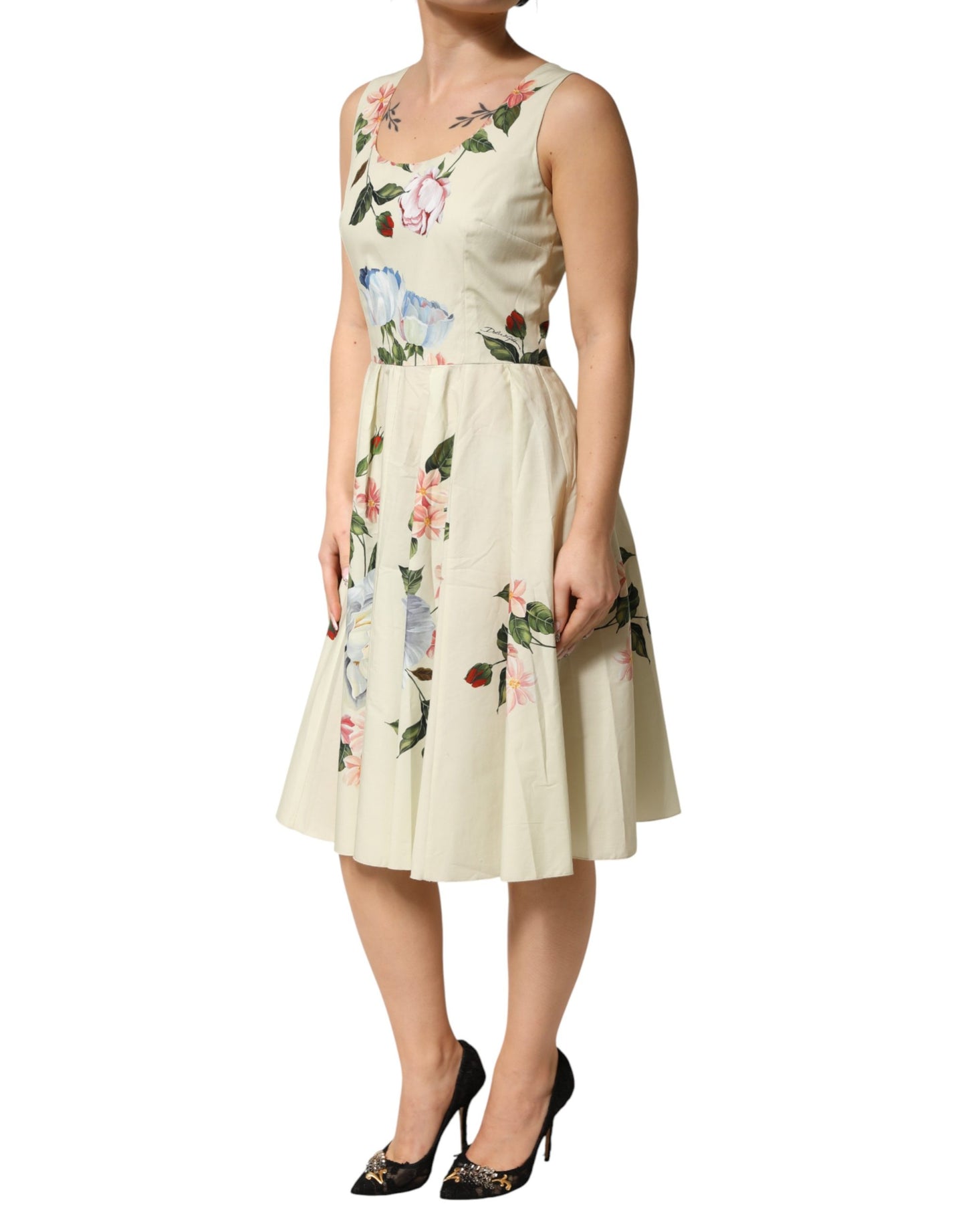 Dolce & Gabbana Beige Floral Sleeveless A-line Midi Dress