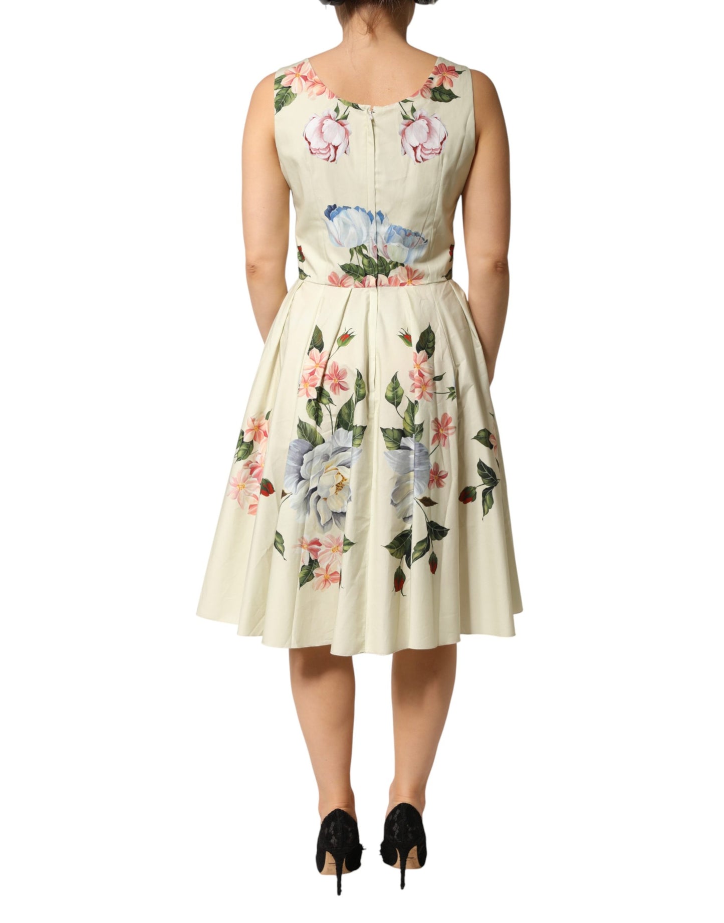 Dolce & Gabbana Beige Floral Sleeveless A-line Midi Dress