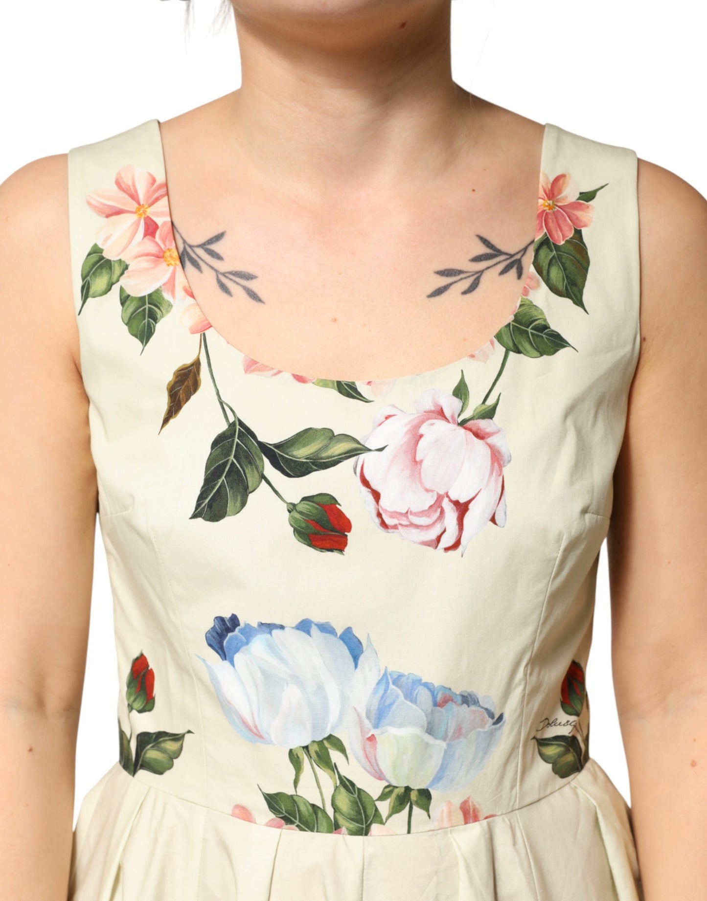 Dolce & Gabbana Beige Floral Sleeveless A-line Midi Dress