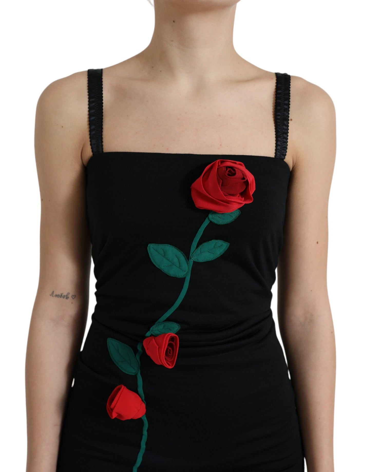Dolce & Gabbana Black Wool Sleeveless Rose Applique Dress