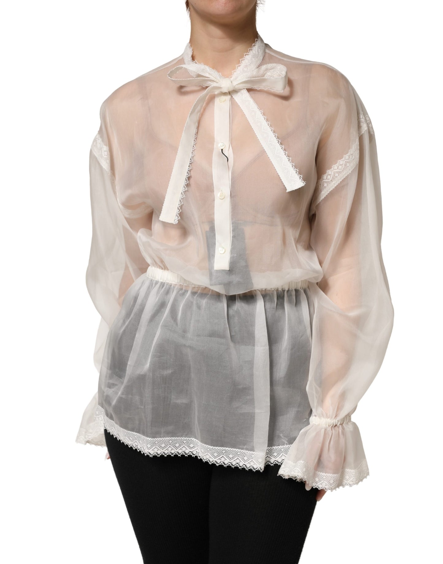 Dolce & Gabbana White Silk Cotton Ascot Collar Blouse Top
