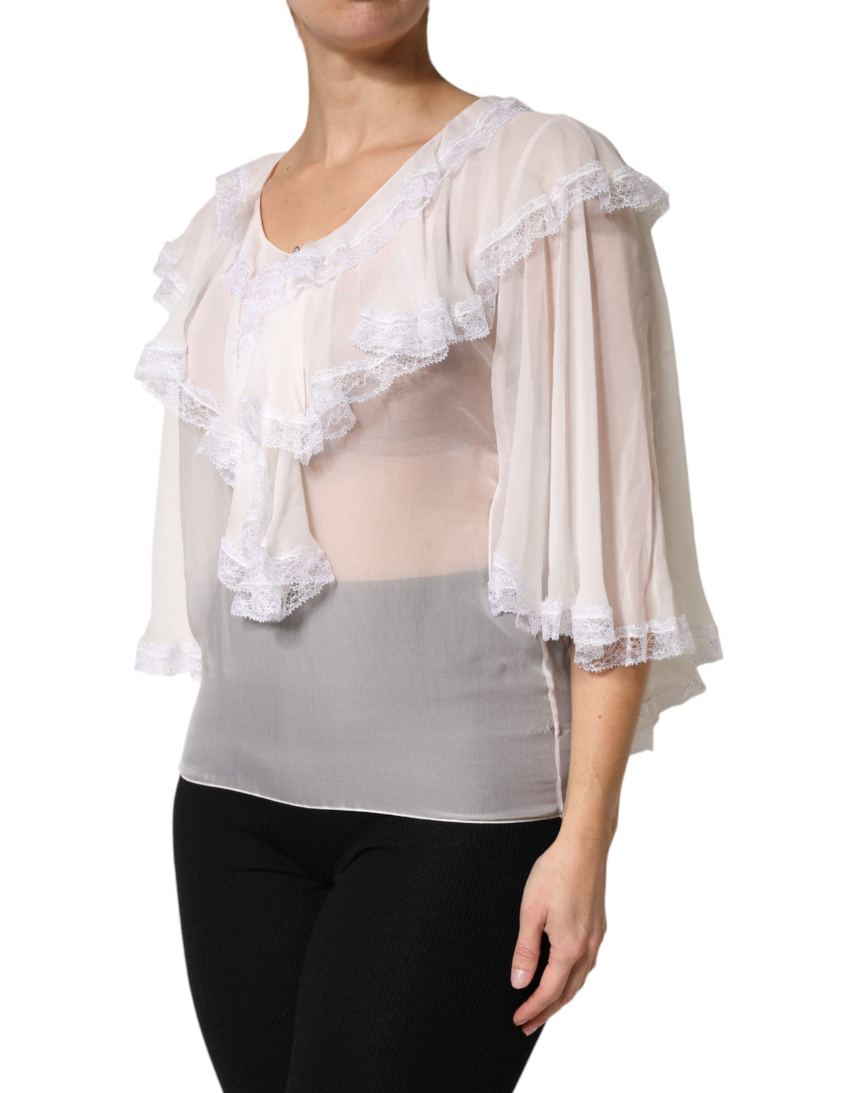 Dolce & Gabbana White LongSleeve Lace Trim Ruffled Blouse Top