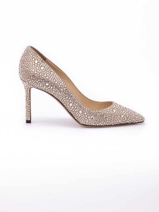 Jimmy Choo Honey Gold Shimmer Suede Crystals Romy 85 pumps