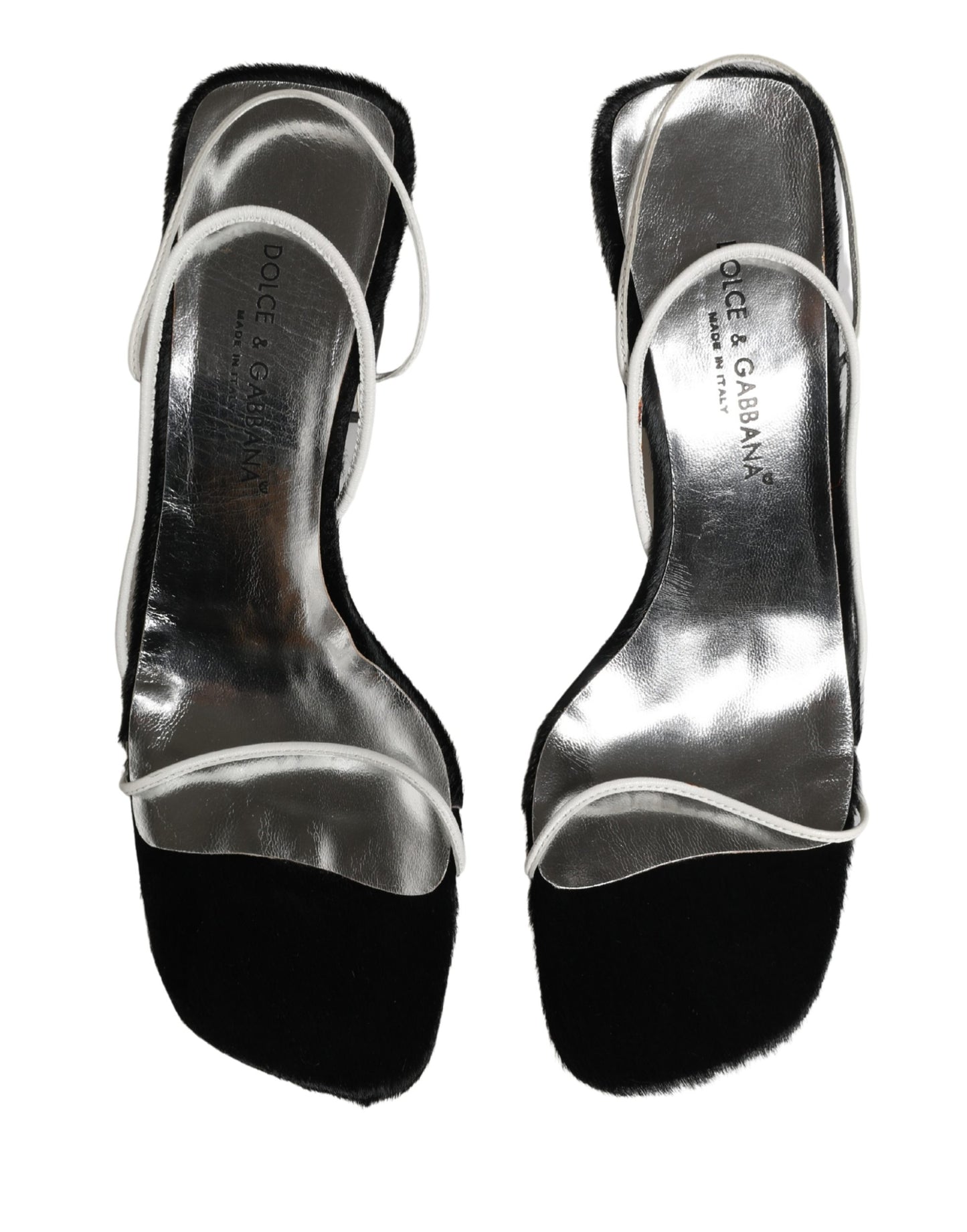 Dolce & Gabbana Silver Black Leather Block Heels Sandals Shoes