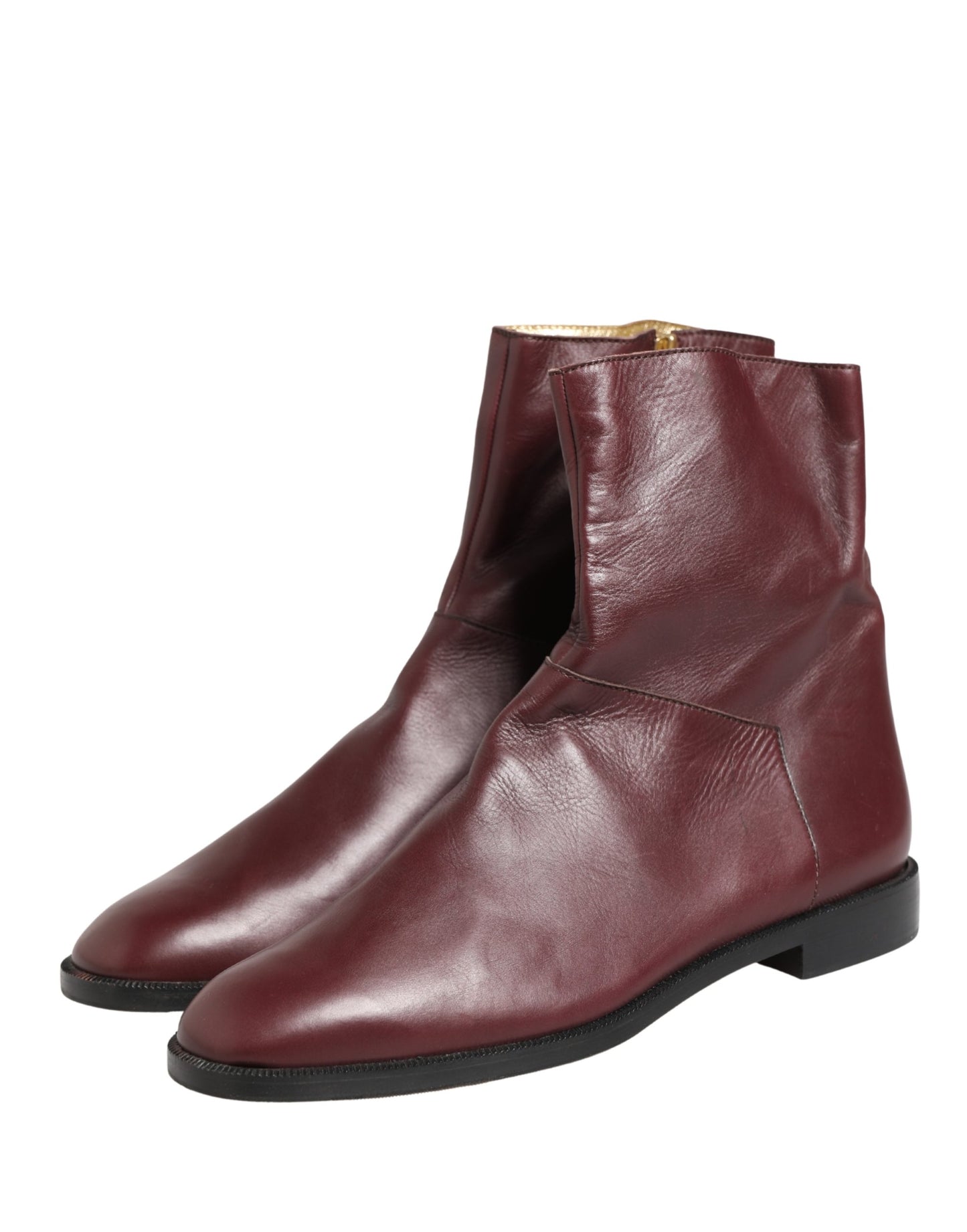 Dolce & Gabbana Maroon Leather Flats Biker Ankle Boots Shoes