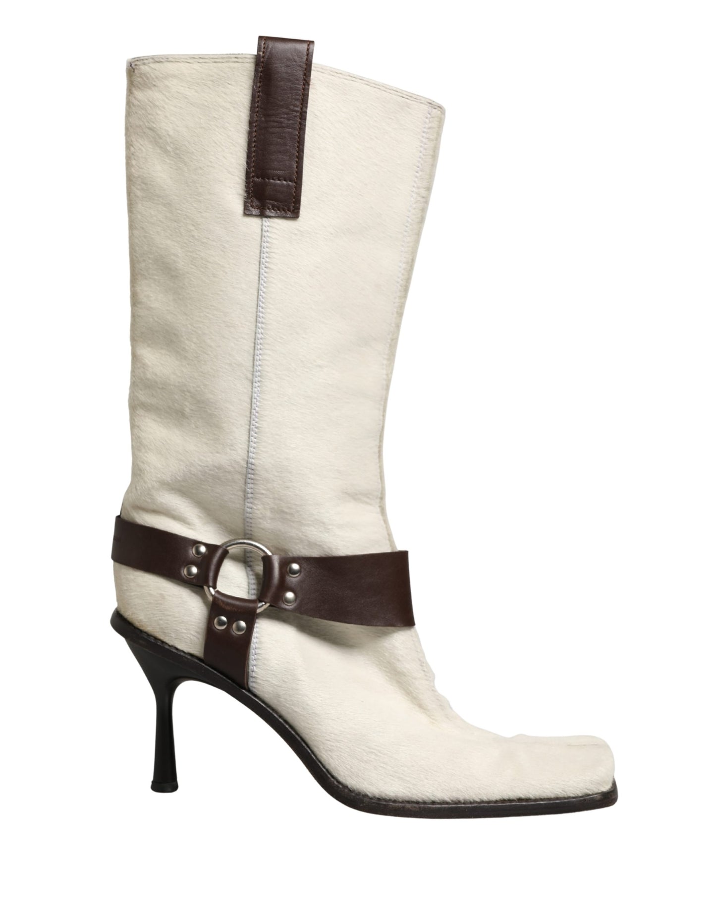 Dolce & Gabbana White Brown Fur Leather Mid Calf Boots Shoes
