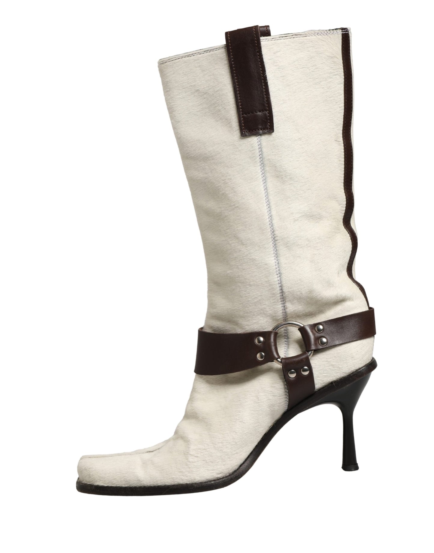 Dolce & Gabbana White Brown Fur Leather Mid Calf Boots Shoes