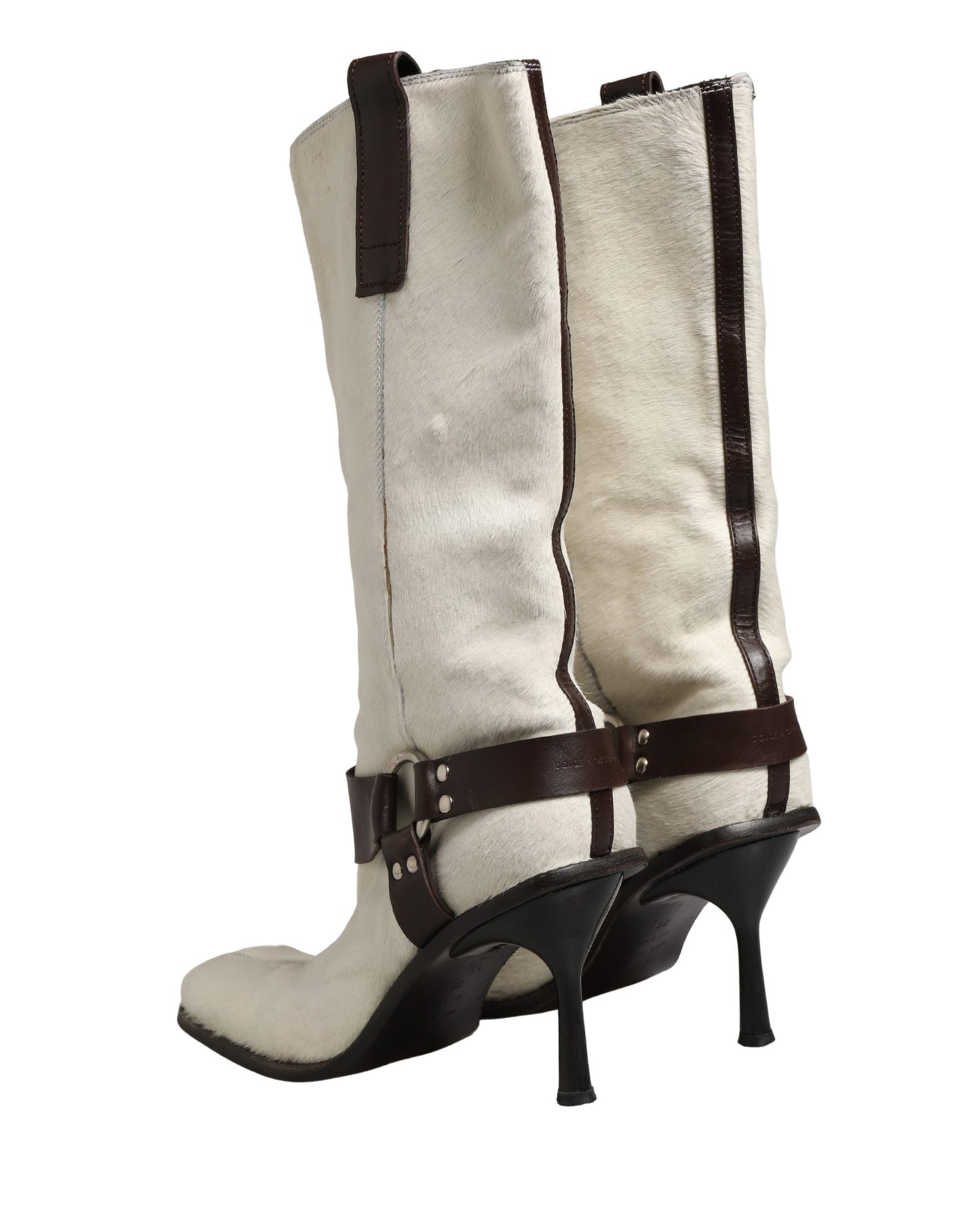 Dolce & Gabbana White Brown Fur Leather Mid Calf Boots Shoes