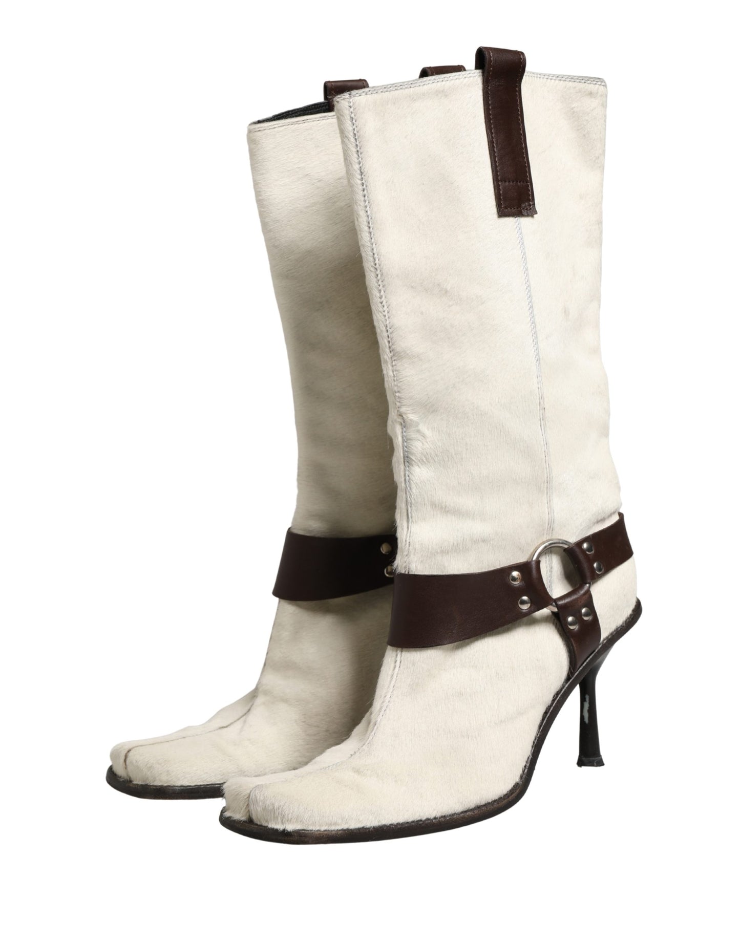 Dolce & Gabbana White Brown Fur Leather Mid Calf Boots Shoes