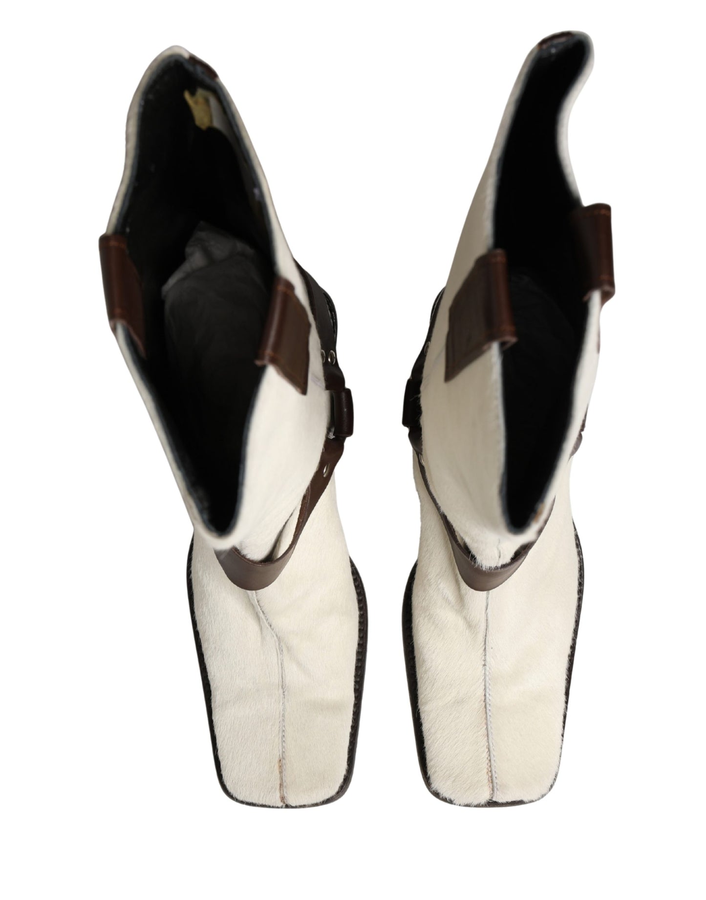 Dolce & Gabbana White Brown Fur Leather Mid Calf Boots Shoes