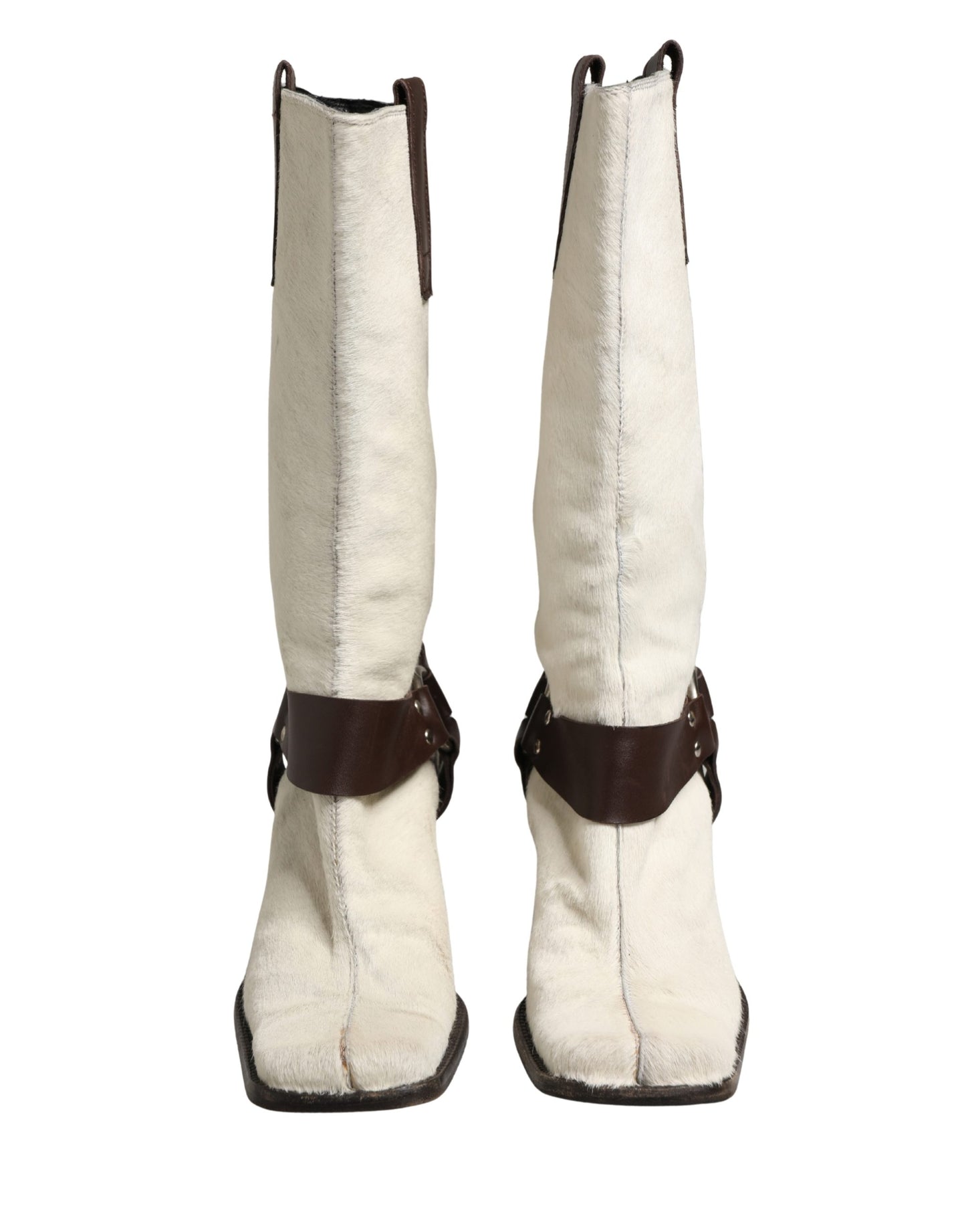 Dolce & Gabbana White Brown Fur Leather Mid Calf Boots Shoes