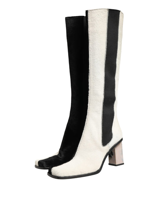Dolce & Gabbana White Black Leather Knee High Boots Shoes