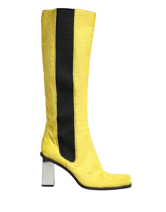 Dolce & Gabbana Yellow Black Leather Knee High Boots Shoes