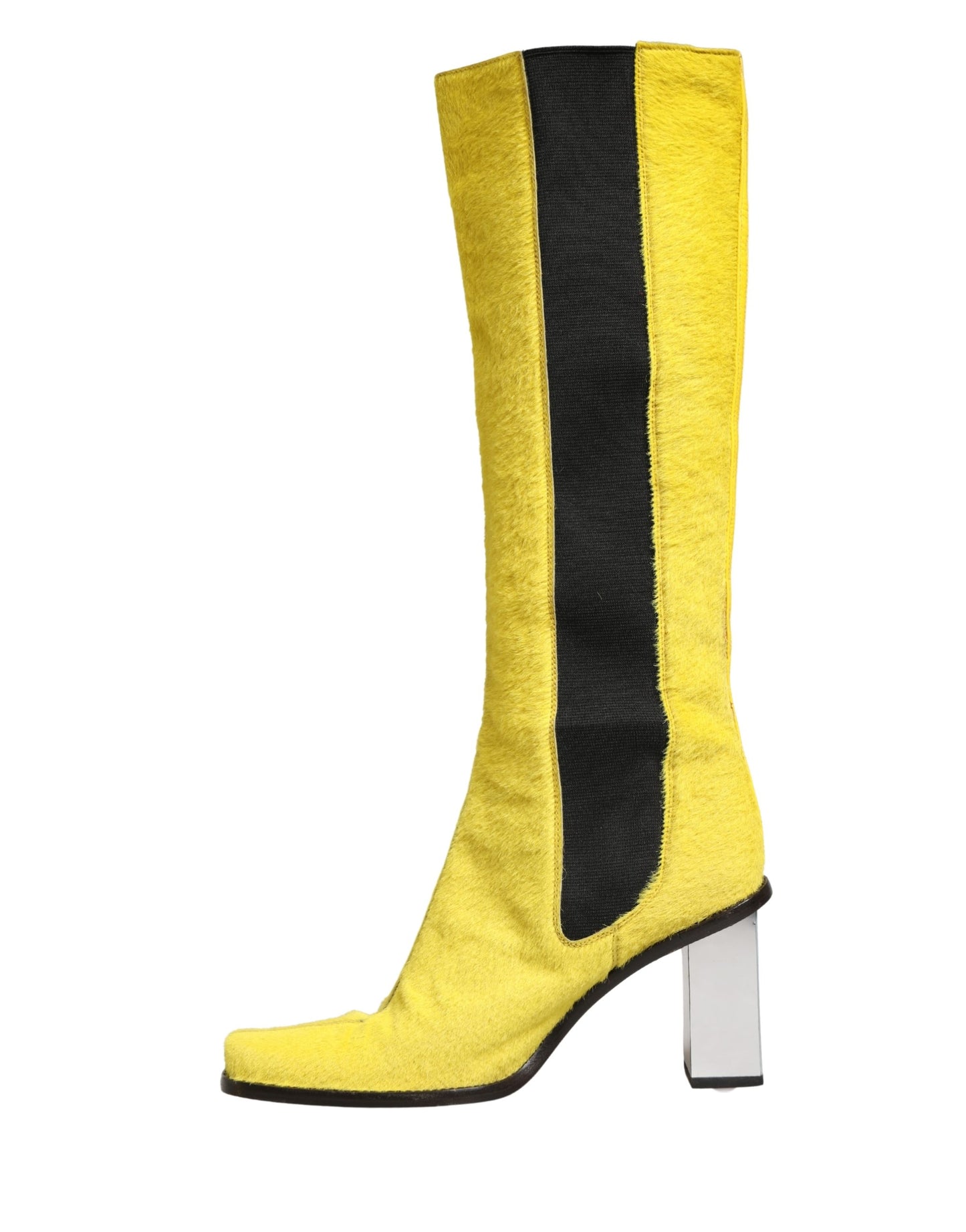 Dolce & Gabbana Yellow Black Leather Knee High Boots Shoes