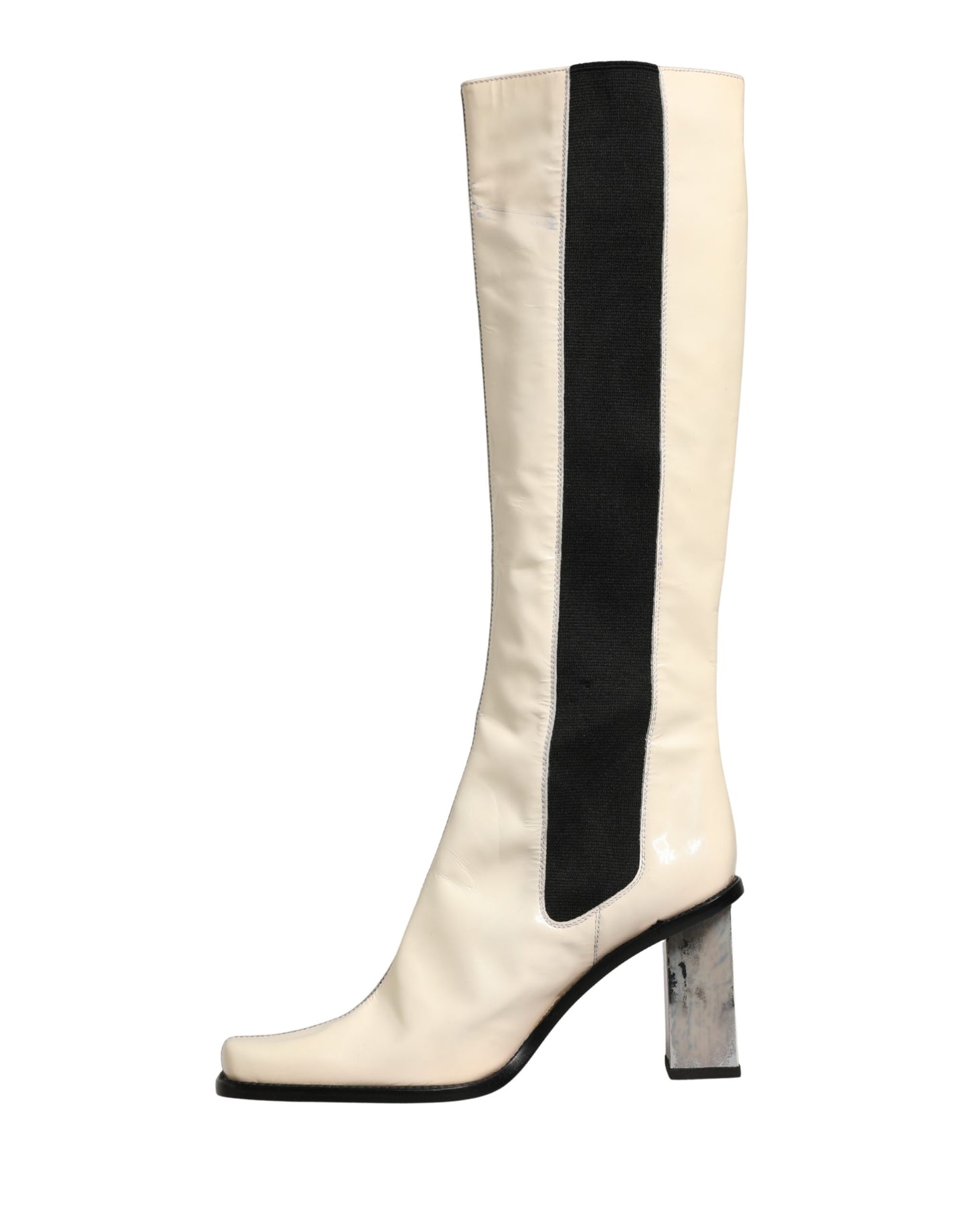 Dolce & Gabbana White Black Leather Knee High Boots Shoes