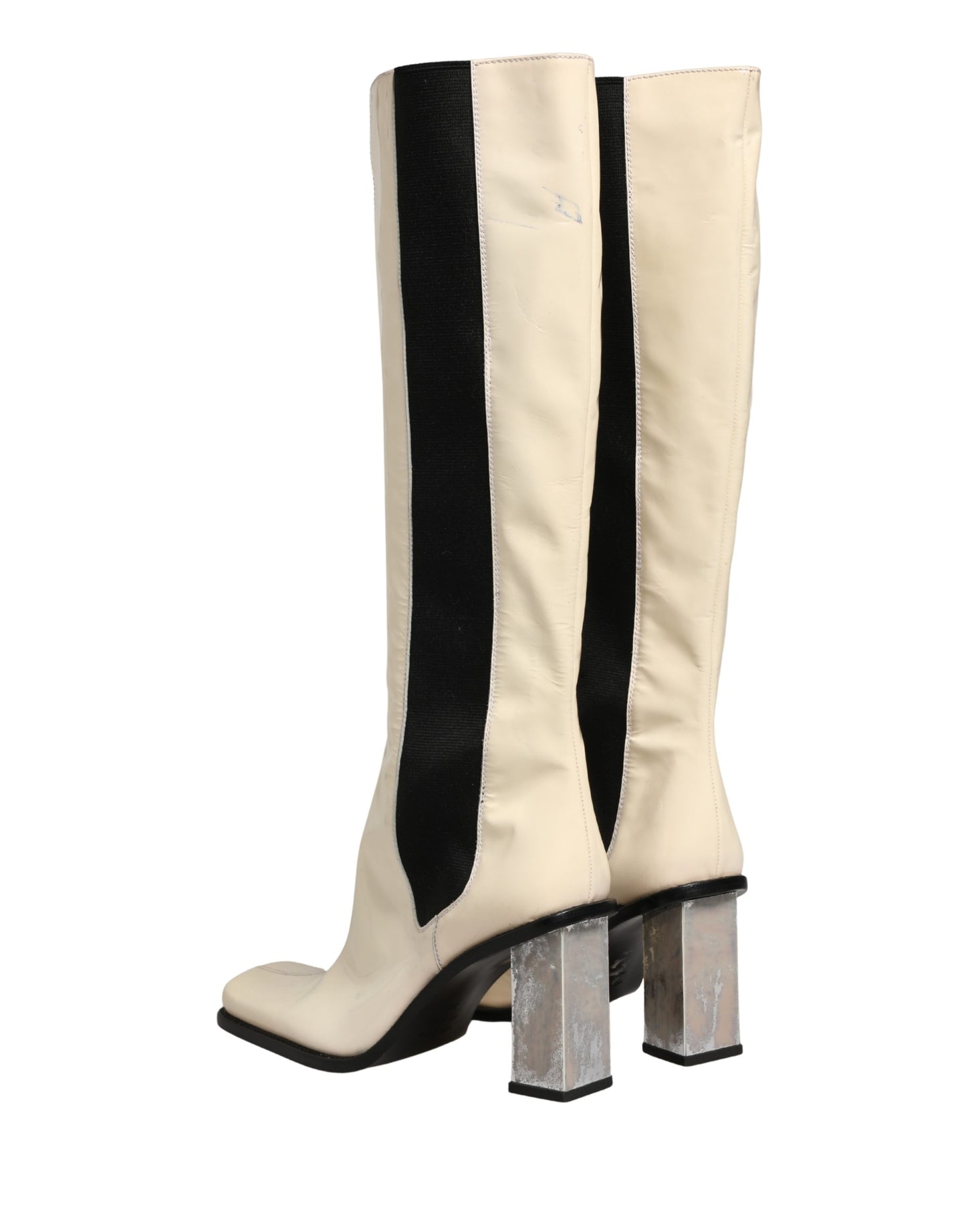 Dolce & Gabbana White Black Leather Knee High Boots Shoes