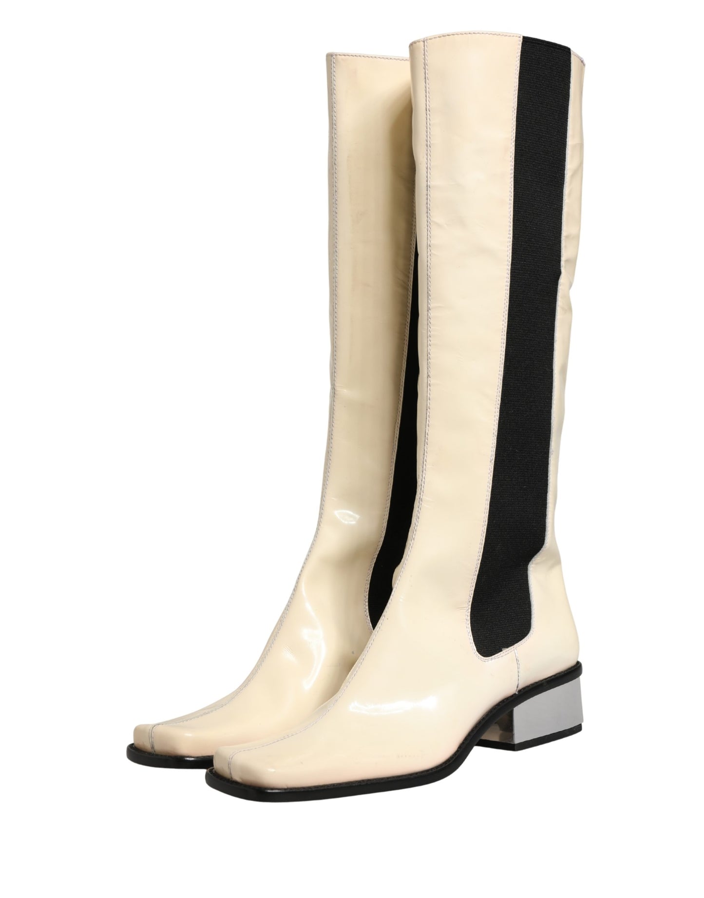 Dolce & Gabbana White Black Leather Knee High Boots Shoes