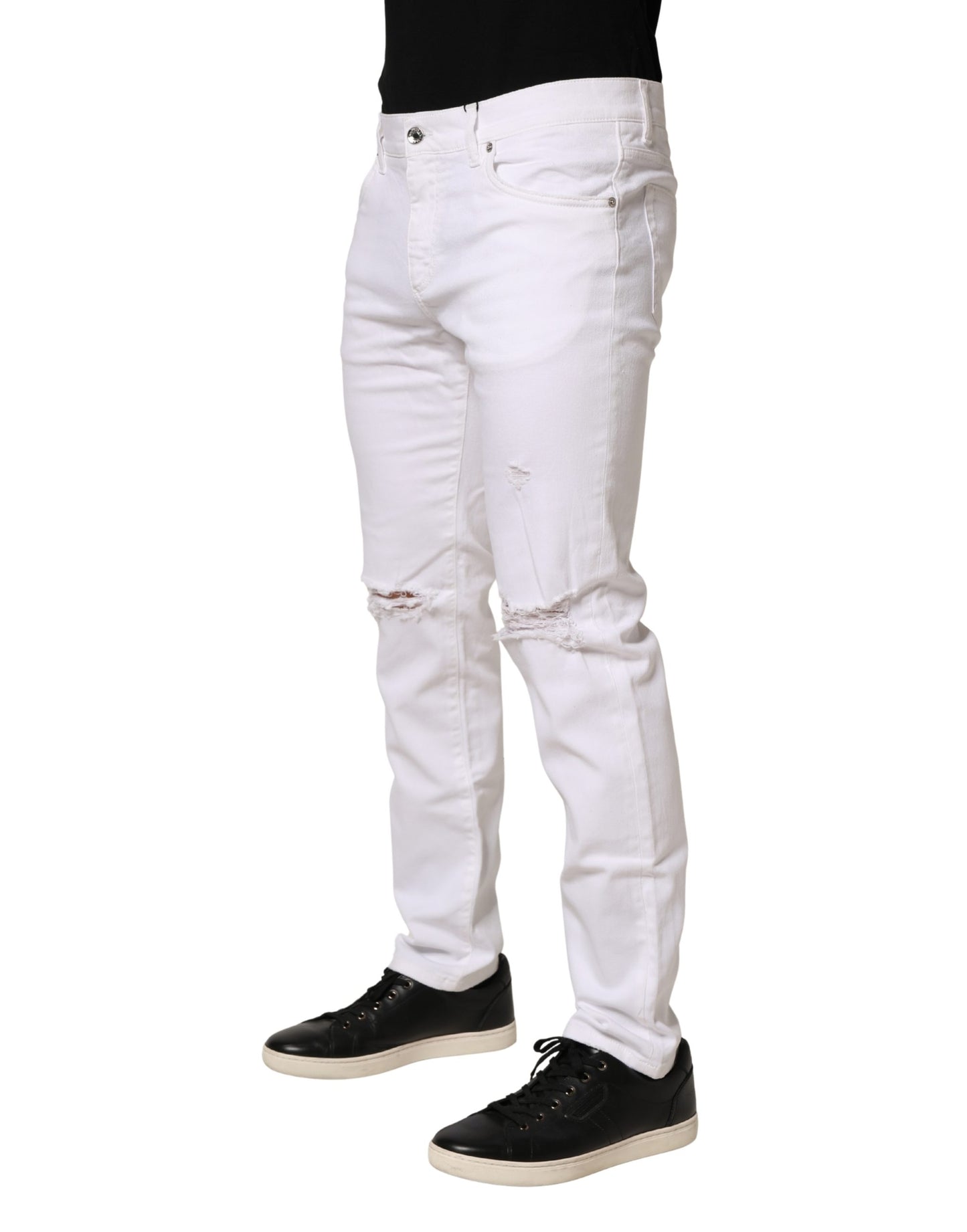 Dolce & Gabbana White Cotton Tattered Men Slim Fit Denim Jeans