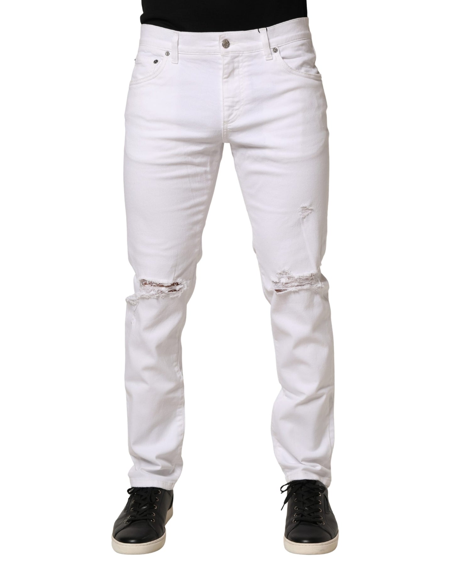 Dolce & Gabbana White Cotton Tattered Men Slim Fit Denim Jeans