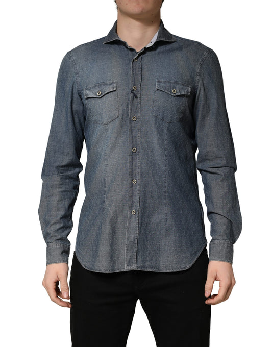 Domenico Tagliente DarkBlue Long Sleeve Collared Denim Shirt