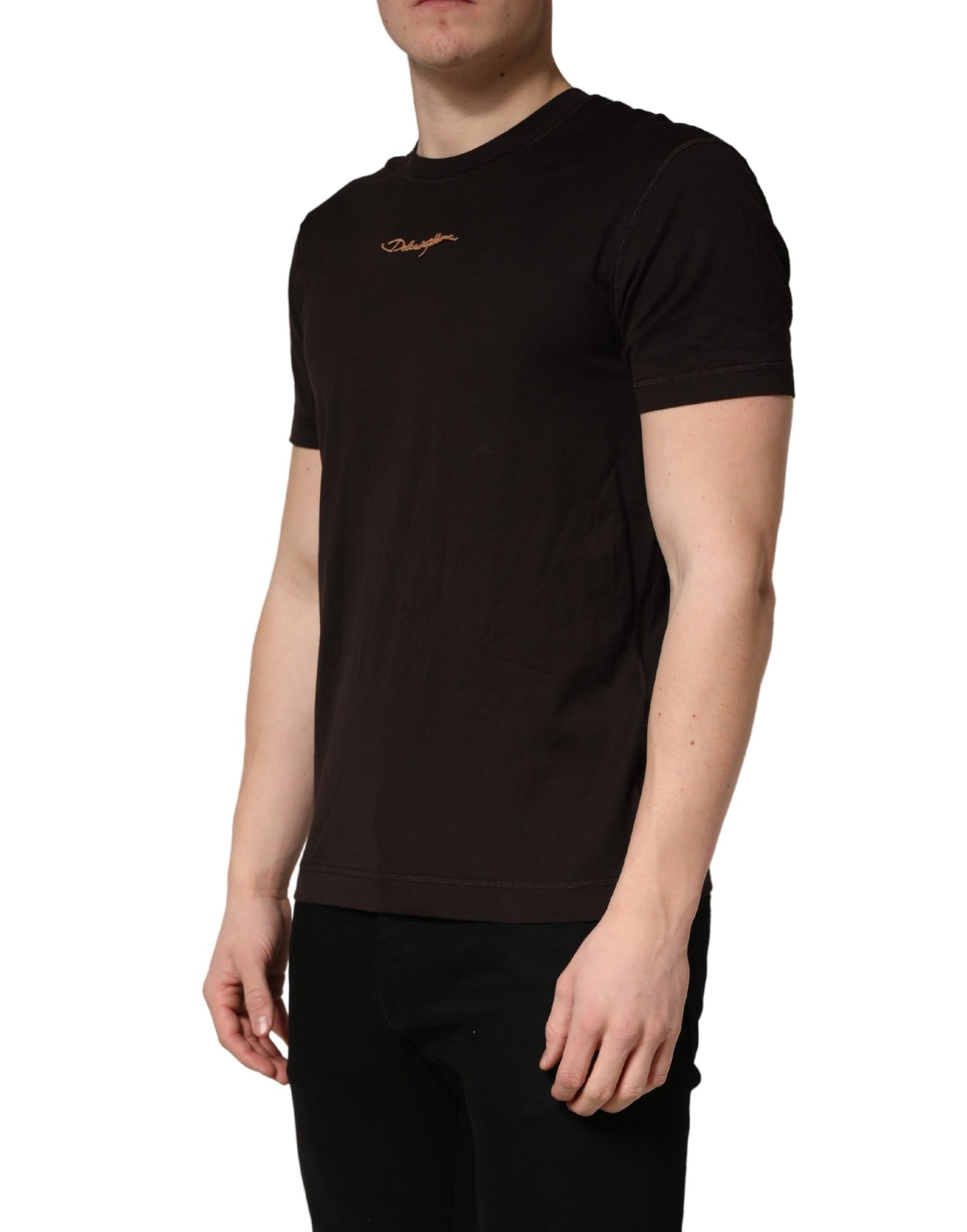 Dolce & Gabbana Brown Logo Embroidered Men Crew Neck T-shirt