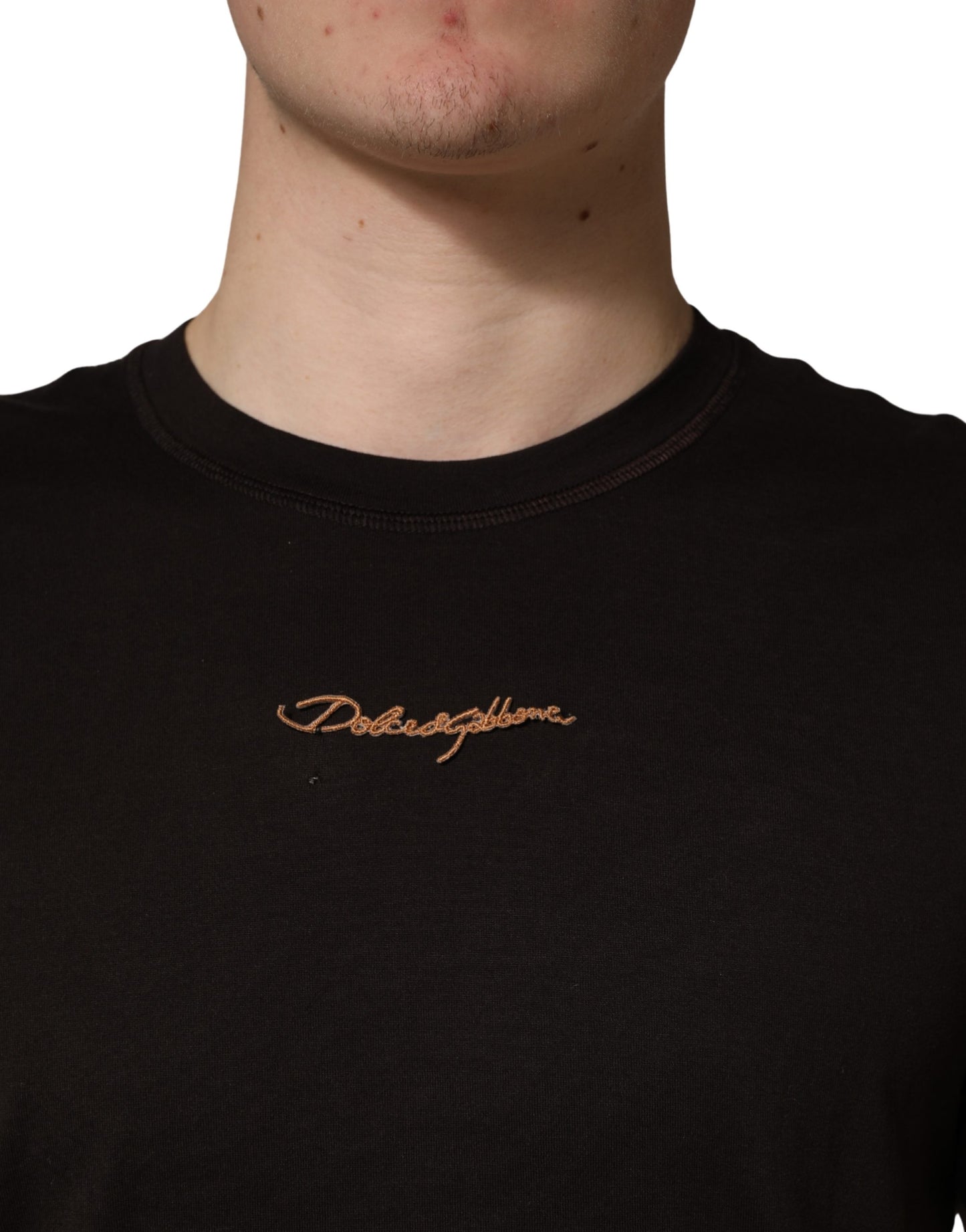 Dolce & Gabbana Brown Logo Embroidered Men Crew Neck T-shirt