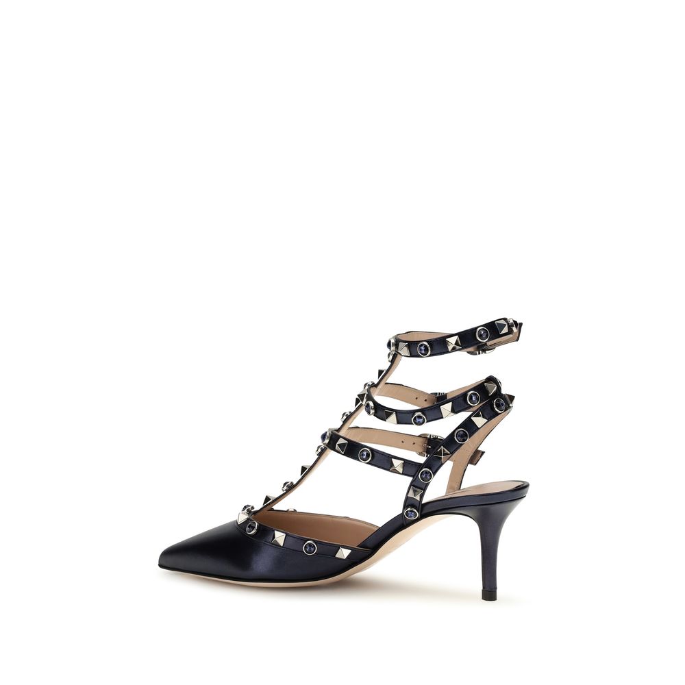 Valentino Garavani Blue Calf Leather Bos Taurus Mid Heel Pumps