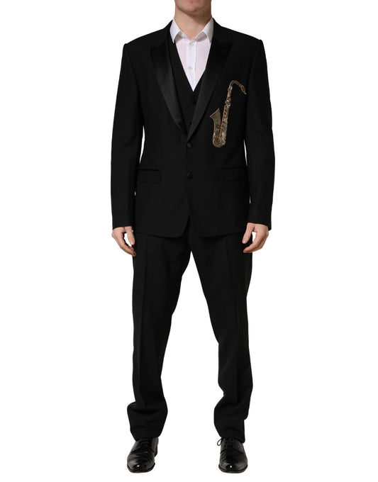 Dolce & Gabbana Black Wool Silk Saxophone Slim Fit 3Pc Suit