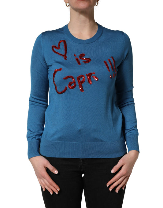 Dolce & Gabbana Blue Silk Sequined CrewNeck Pullover Sweater