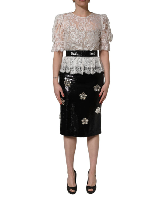Dolce & Gabbana White Lace Top Embellished Black Skirt Dress
