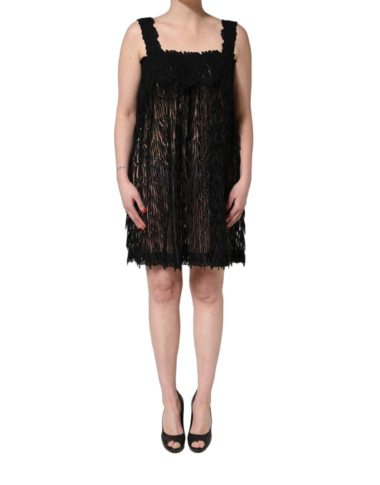 Dolce & Gabbana Black Viscose Fringed Sleeveless Mini Dress