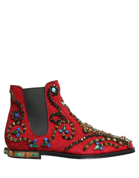 Dolce & Gabbana Red Embellished Chelsea Ankle Boots Shoes
