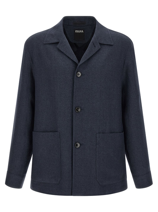 ZEGNA Blue Linen Full-Length Jacket