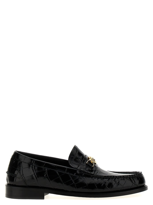 Versace Black Velvet Leather Slip-On Loafers