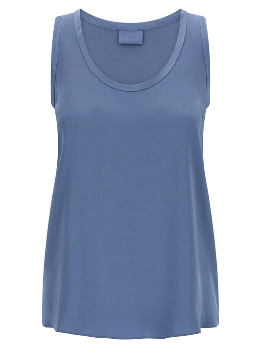 Brunello Cucinelli Blue Silk Sleeveles T-Shirt