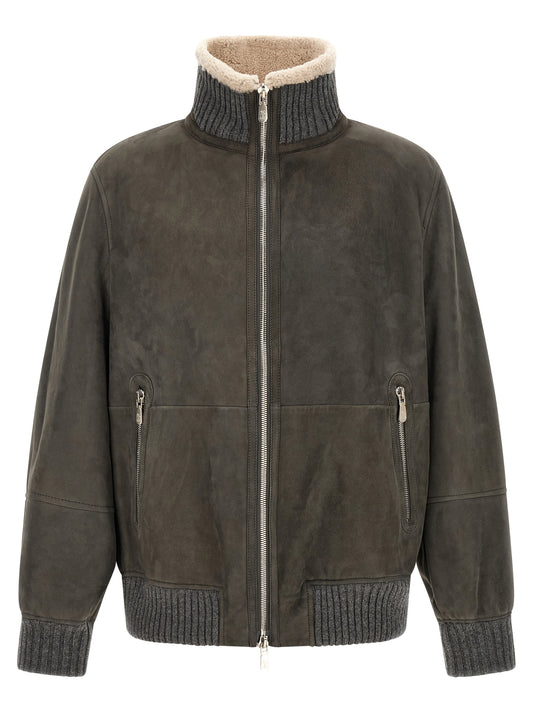 Brunello Cucinelli Gray Lamb Leather Leather Jacket