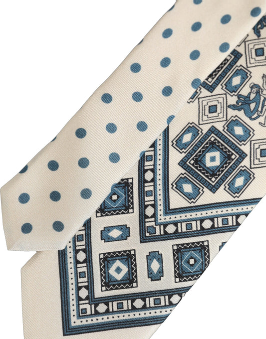Dolce & Gabbana Men Off White Blue Geometric Adjustable Tied Necktie Tie