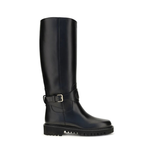 Valentino Garavani Black Calf Leather Bos Taurus Flat Boots