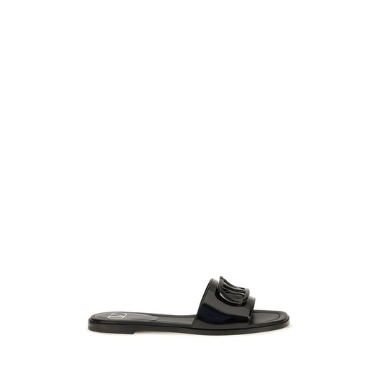 Valentino Garavani Black Calf Leather Bos Taurus Flat Sandals
