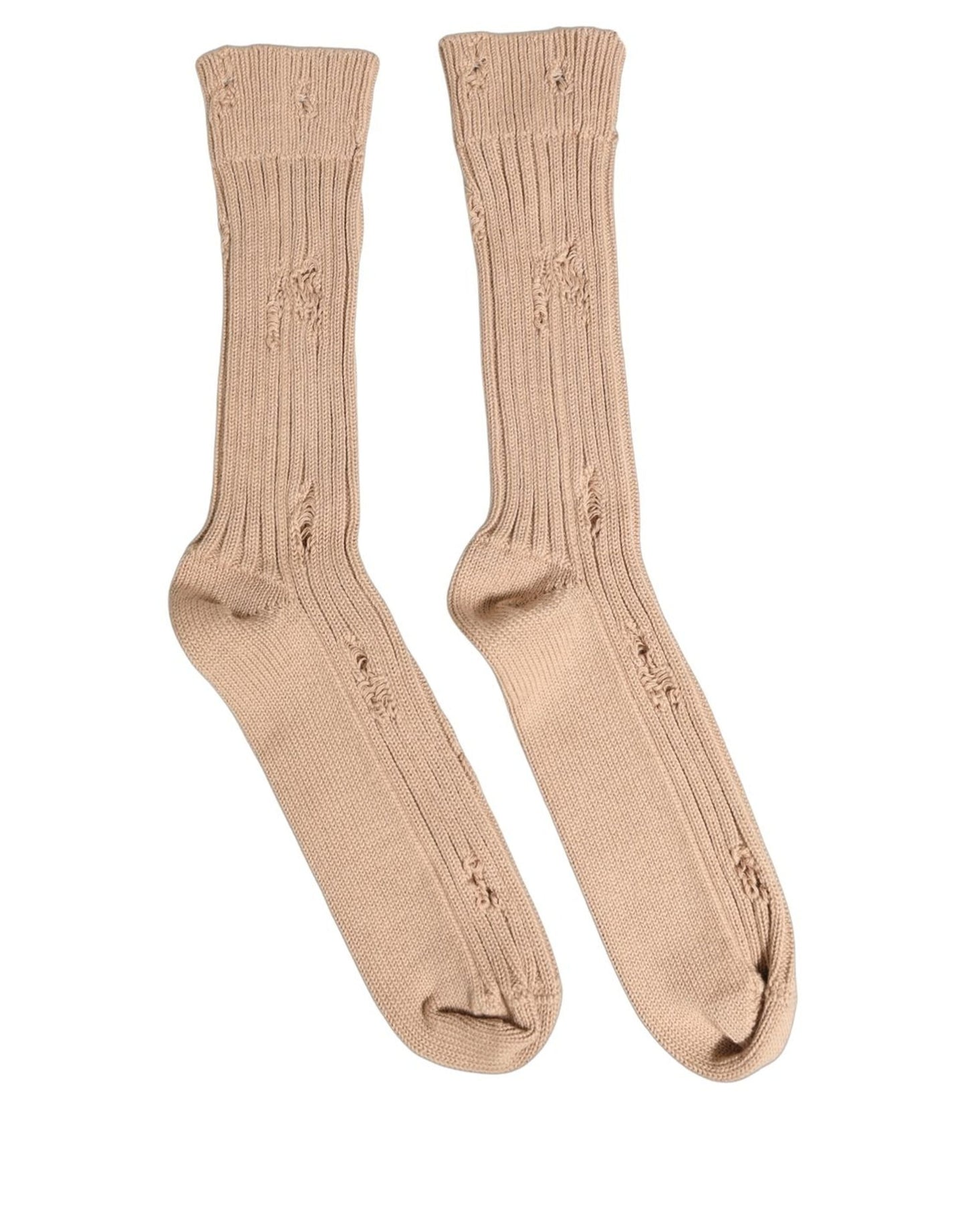 Dolce & Gabbana Beige Cotton Distressed Mid Calf Accessory Socks