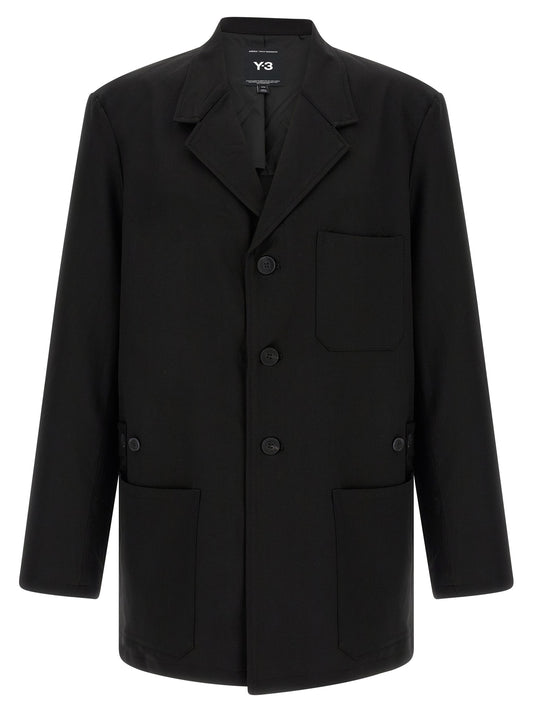 Y-3 Black Wool Full-Length Jacket