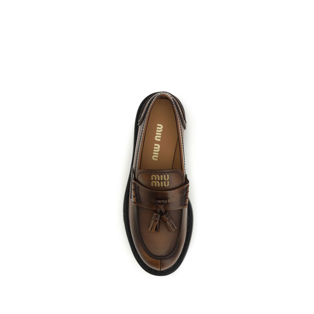 Miu Miu Brown Calf Leather Bos Taurus Platform Loafers