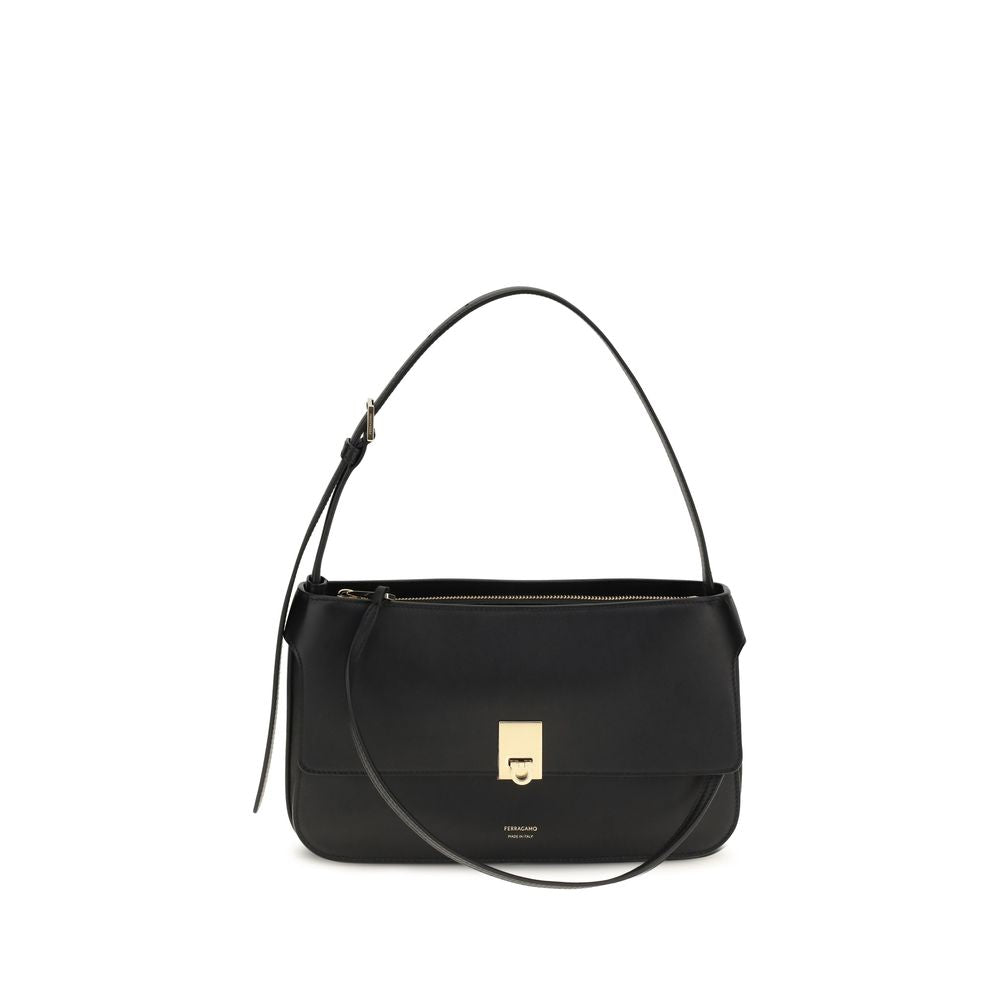 Ferragamo Black Calf Leather Bos Taurus Shoulder Bag
