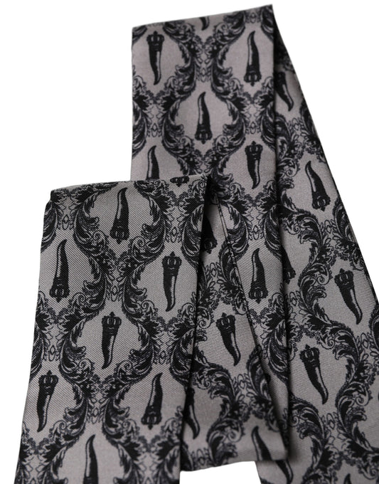 Dolce & Gabbana Gray Baroque Silk Fringed Skinny Foulard Scarf