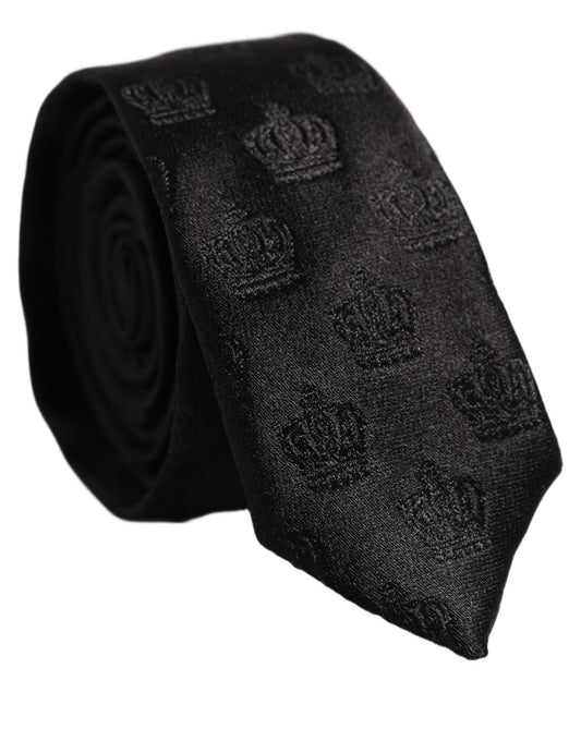Dolce & Gabbana Men Black Crown Pattern Silk Adjustable Tied Necktie Tie
