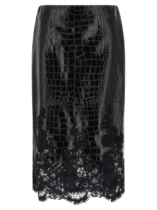 Ermanno Scervino Black Calfskin Midi Skirt