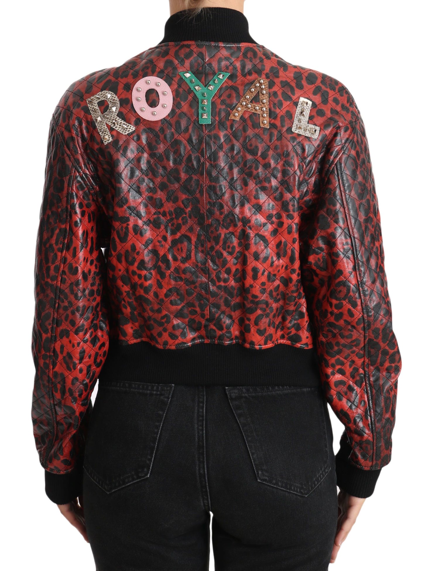 Dolce &amp; Gabbana Red Leopard Bomber Leather Jacket with Crystal Buttons