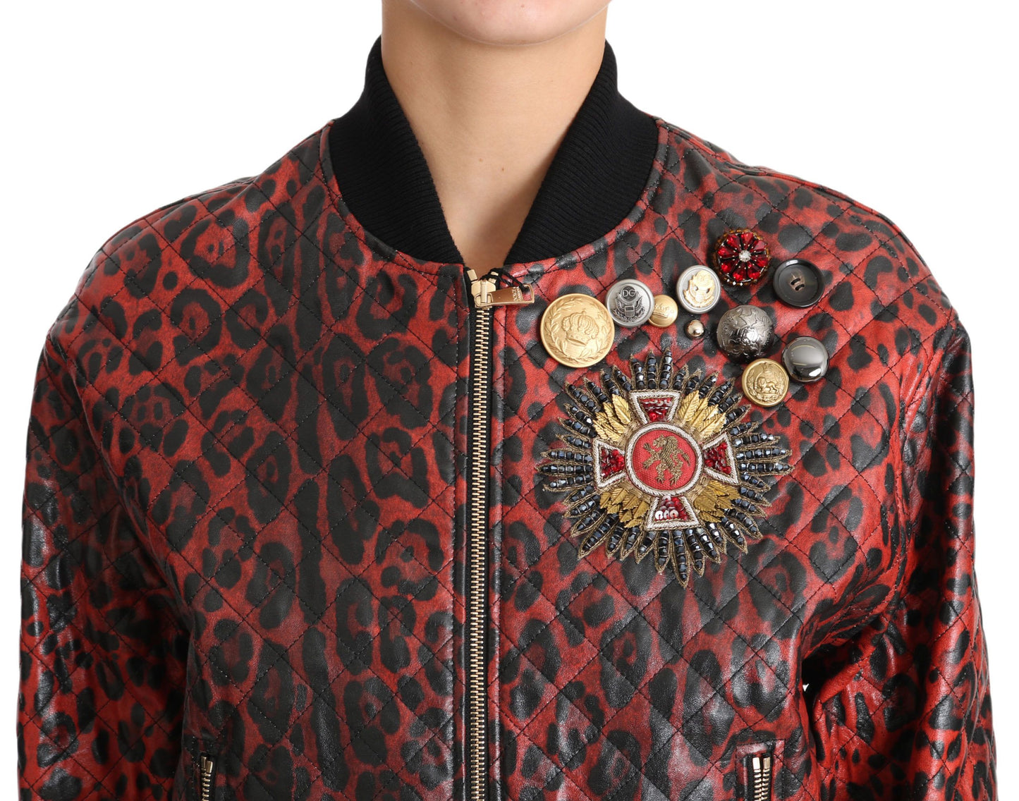 Dolce &amp; Gabbana Red Leopard Bomber Leather Jacket with Crystal Buttons