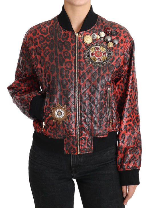 Dolce &amp; Gabbana Red Leopard Bomber Leather Jacket with Crystal Buttons